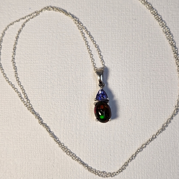 VID! 925 Natural Ethiopian Black Opal & Tanzanite Pendant Charm Necklace, Italy - Picture 10 of 14